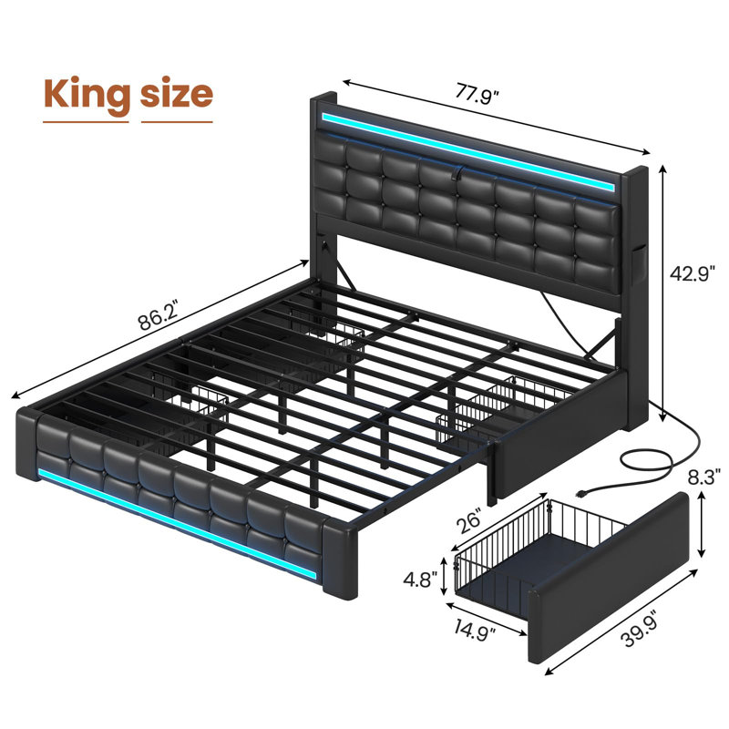 Bed Frames with Storage Headboard & 4 Drawers, LED Bed Frame with Charging Station, Upholstered Platform Bed,No Box Spring Needed