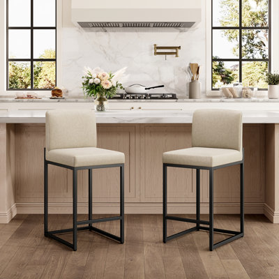 Tabouret de comptoir de cuisine moderne de 24 po avec base luge en métal noir et similicuir gris clair (ensemble de 2)