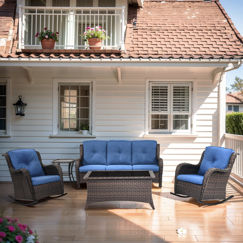 Bonia 5 - Person Outdoor Sofa Seating Group with Coffee Table and Cushions, Brown, Blue