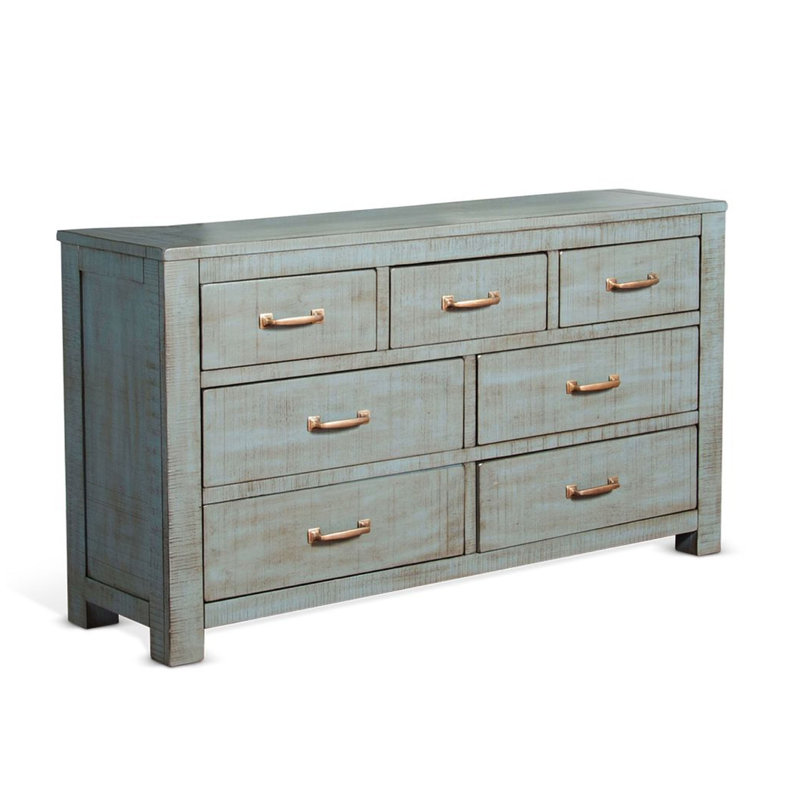 Commode large Azael, 4 grands et 3 petits tiroirs, bois bleu