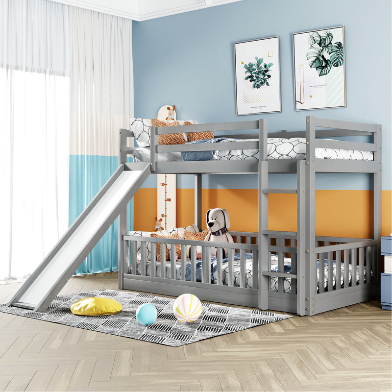 Lit superposé simple au-dessus d'un lit simple avec glissière et échelle, gris, Gris