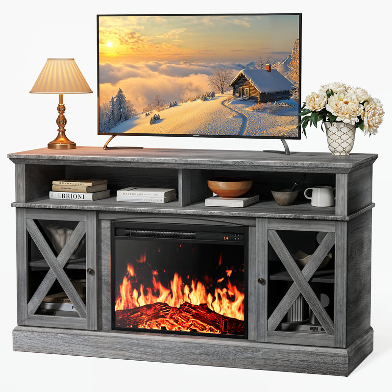 Jinora Farmhouse TV Stand For TVs Up To 70" With Electric Fireplace Included