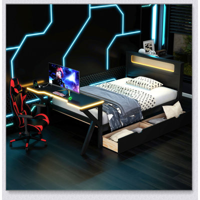 Wooden Gaming Platform Bed With LED Headboard, LED Desk, USB And Two Storage Drawers