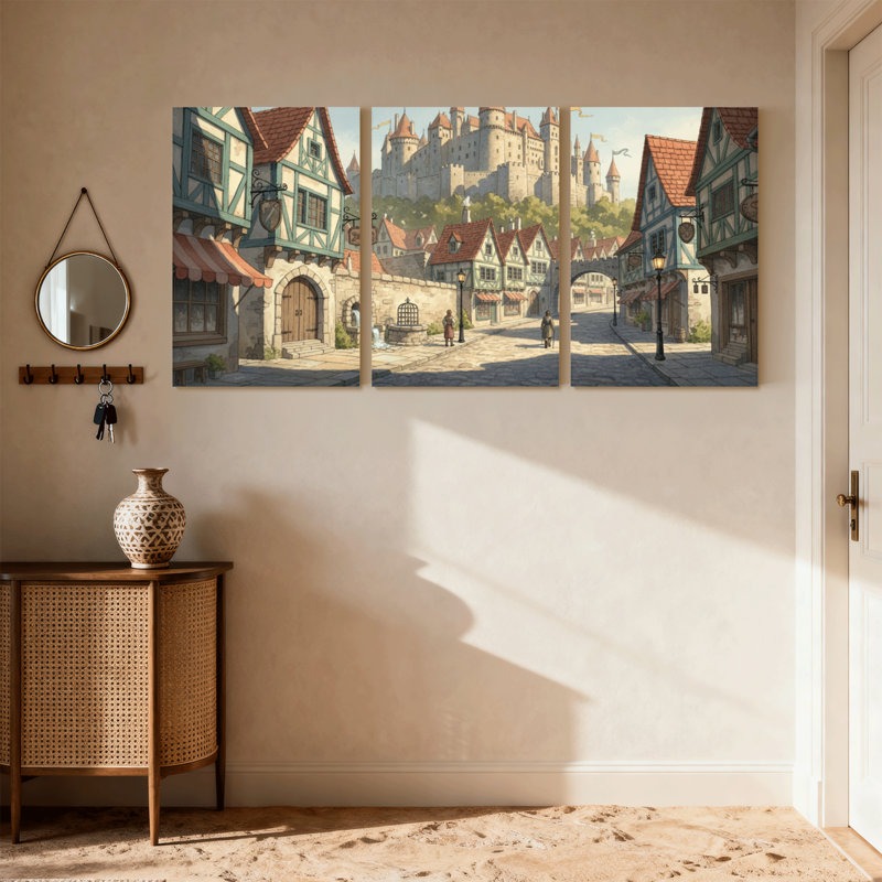 Ensemble de 3 impressions sur toile, ville médiévale avec château et rue pavée, H 24 po x l 48 po