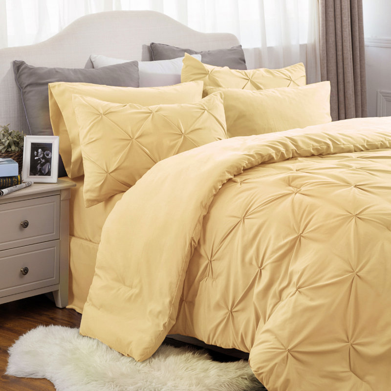 Bedsure Queen Burgundy Pintuck Bed-in-a-Bag - Yellow Pinch Pleat Comforter Set with Sheets, Pillowcases & Shams (Set of 7)