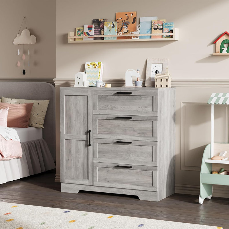Wood Armoire Wardrobe Closet with 4 Drawers and Door, 43.3" H Bedroom Wardrobe Cabinet with Hanging Rod, Clothing Storage Cabinets, 4 Drawers Dresser with Storage Closet