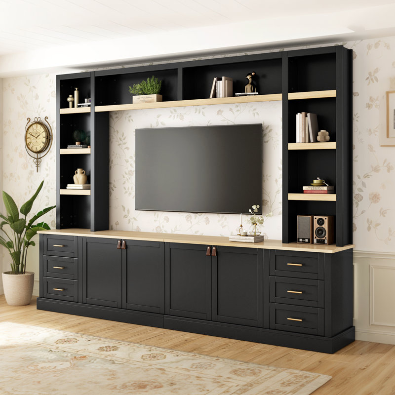 Meuble audio-vidéo de style maison de campagne l 102,3 po avec tablettes en pont, console centrale rustique pour le salon