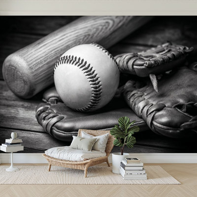 Peel and Stick Wallpaper 96" W x 69" H Modern Self Adhesive Wall Mural for Bedroom Old Baseball Bat Sport Black and White Glove Catcher