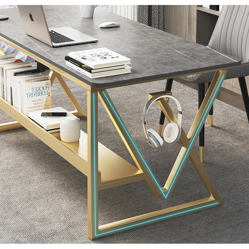 Rectangular Sintered Stone Tabletop Desk, Gray, 29.53" H x 55.12" W x 27.56" D, Gold