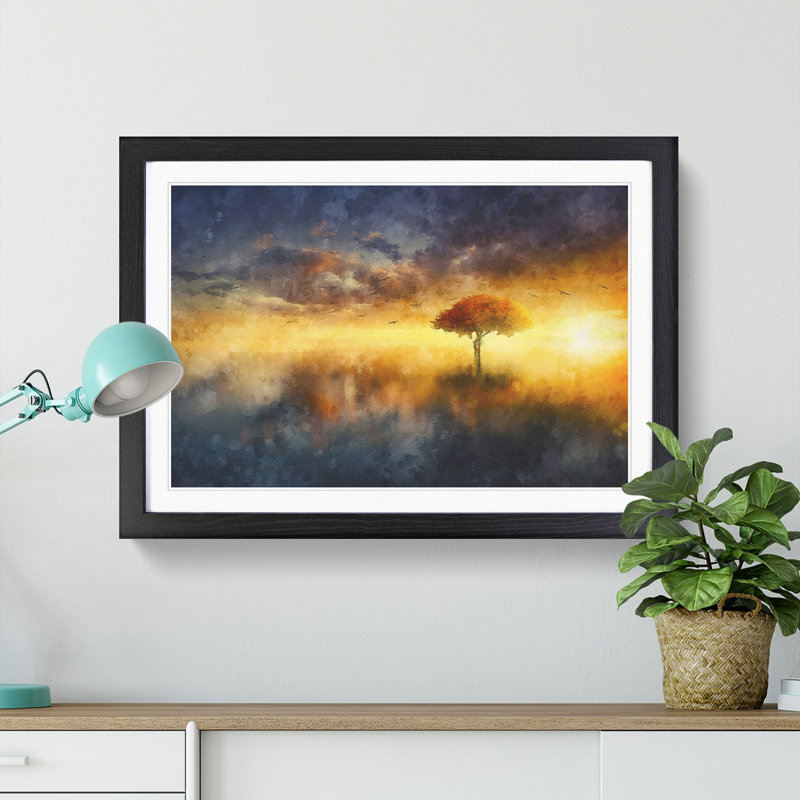 Flying Birds over a Lone Tree - Picture Frame Graphic Art Print, 45cm H x 63cm W x 2cm D, Black Framed