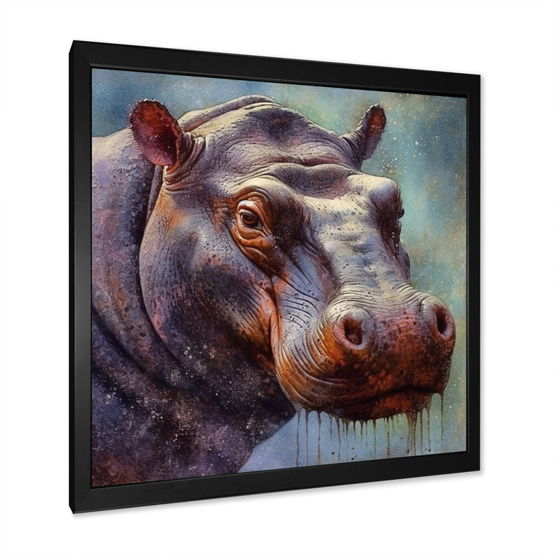 Hippopotame - animaux, art mural sur toile, Cadre simple noir, H 36 po x l 36 po x P 1,5 po
