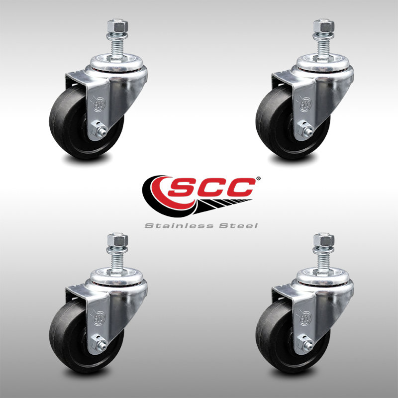 3 Inch SS Soft Rubber Wheel Swivel 10mm Threaded Stem Caster Set SCC