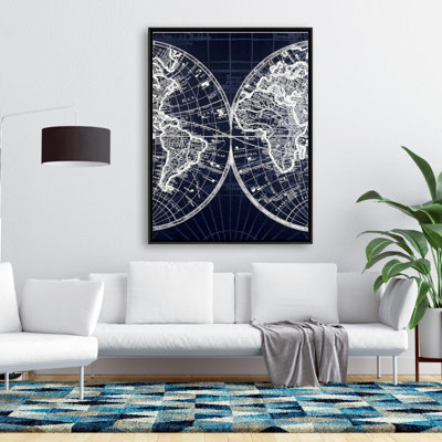 World Map Blue Print Print On Canvas