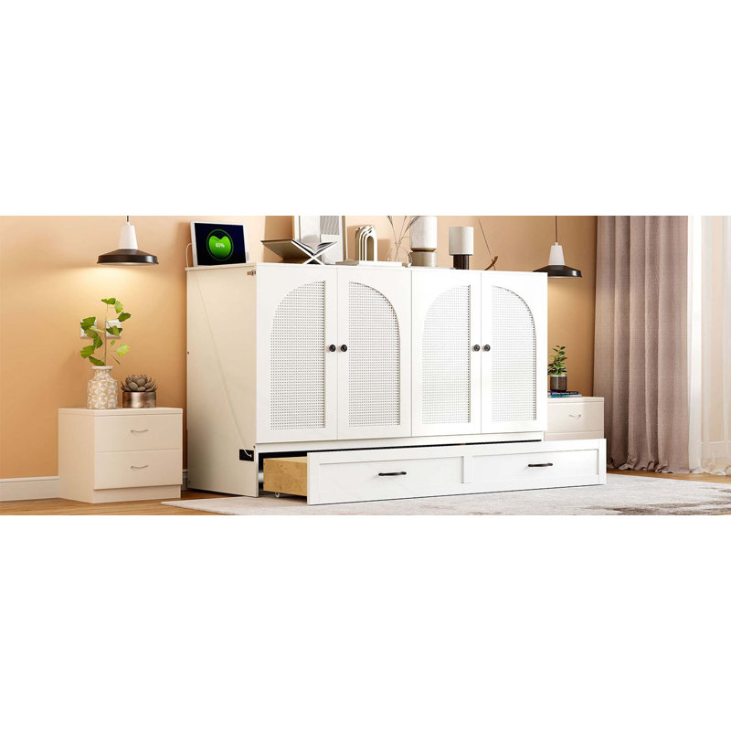 Grand lit escamotable avec grands tiroirs de rangement, Blanc