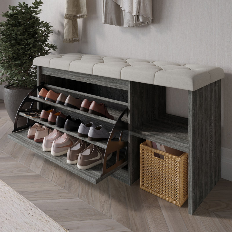 ShoeStation MDF Upholstered Storage Bench, Dark Gray