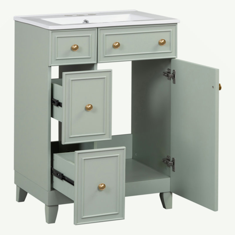Armoire de meuble-lavabo 24 po avec lavabo en céramique, 2 tiroirs, 1 porte, Vert, Doré