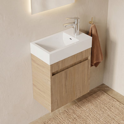 Meuble-lavabo flottant 18 po avec lavabo, porte à fermeture en douceur, lavabo en céramique, chêne