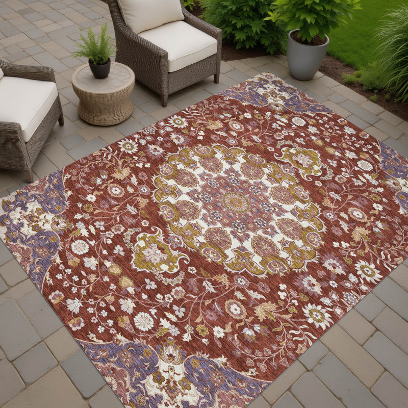 Tapis damassé intérieur / extérieur lavable à la machine ACN2611, Bourgogne, 10 pi x 14 pi