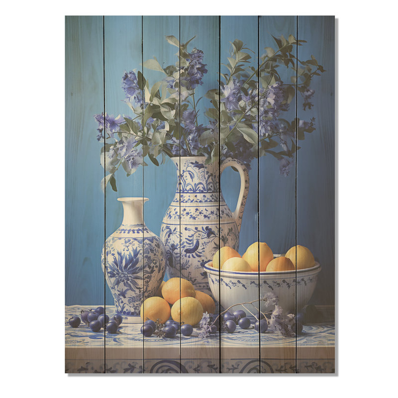 Motif méditerranéen de natures mortes, cuisine IV - poterie bohème sur bois, H 20 po x l 10 po