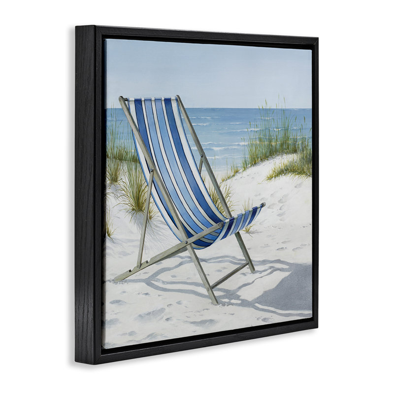 «Tranquil Beach Chair», art mural encadré sur toile flottante par Max Maxx, Cadre flottant noir de jais, H 18 po x l 18 po