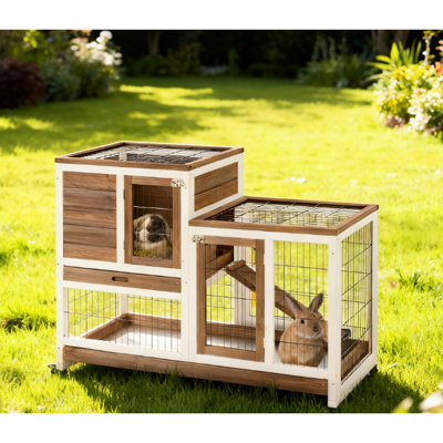 Lapin de taille moyenne avec roulettes et plateaux coulissants de couleur brune, idéal pour l'intérieur et l'extérieur Cage surélevée fermée en bois de sapin massif, facile à déplacer