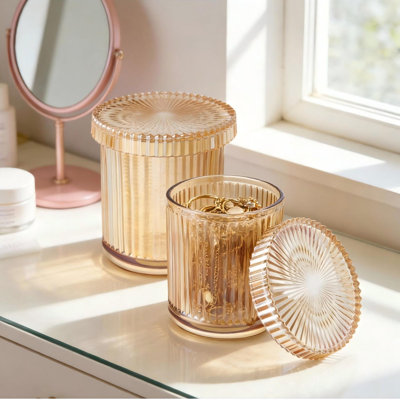 Ensemble de porte-verre en verre, organisateur de salle de bain pour cotons-tiges, boules, tampons, choix de soie, pots d'apothicaire transparents (ambre / paquet de 2)