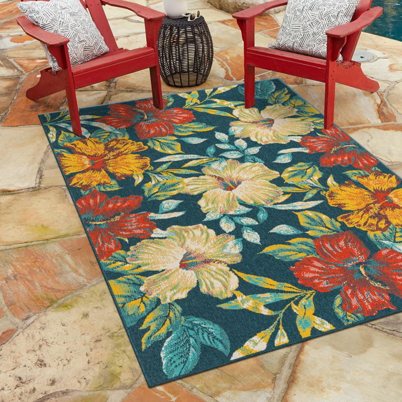 Eribella Floral Machine Woven Round 4'1" Polypropylene Indoor / Outdoor Area Rug in Blue/Beige/Orange, Rectangle 7'10" x 11'