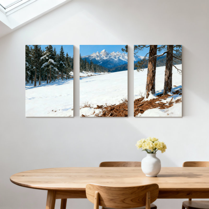 Forêt d'hiver, paysage de montagne enneigé, scène d'hiver, arbres de pin, ensemble de 3 impressions sur toile