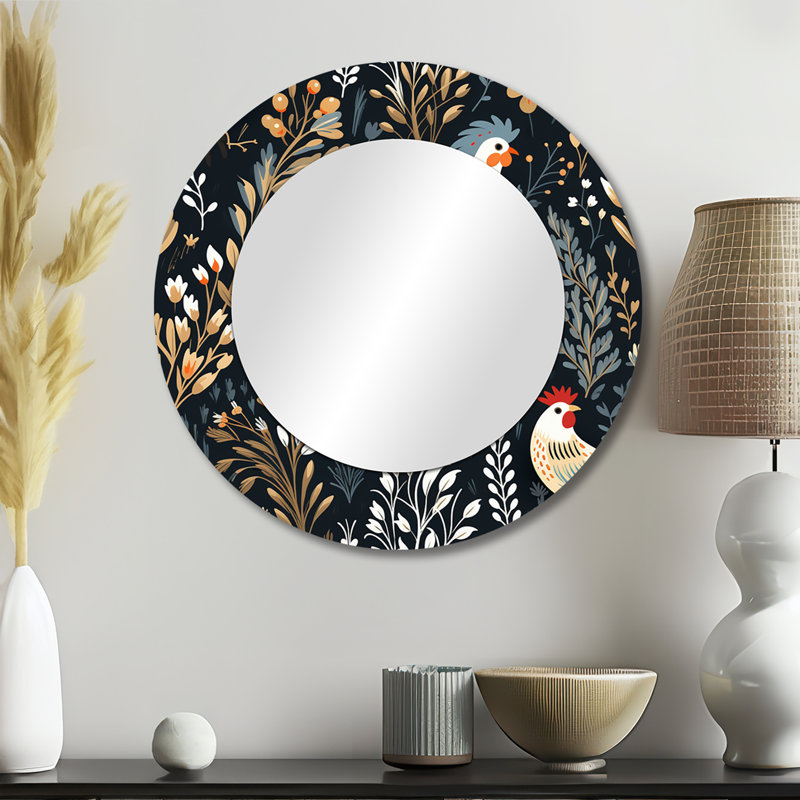 Country Charm Red  Rooster Pattern - marble  Decorative Mirror, Casual Wall Mirror, Printed Metal Art, 23" x 23", Round