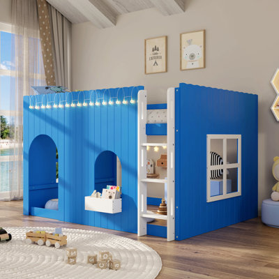 Lit mezzanine double pour enfant avec lumière DEL chaude, bleu Klein