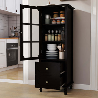Black Tall Storage Cabinet with Glass Door & 2 Drawers, Narrow Freestanding Sideboard Buffet with Adjustable Shelves, Farmhouse Retro Pantry Cupboard for Dining Room, Living Room, Bathroom, Stud