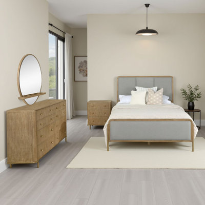 Ensemble de chambre avec grand lit 4 pièces Fij, miroir de commode, brun sable, revêtement gris