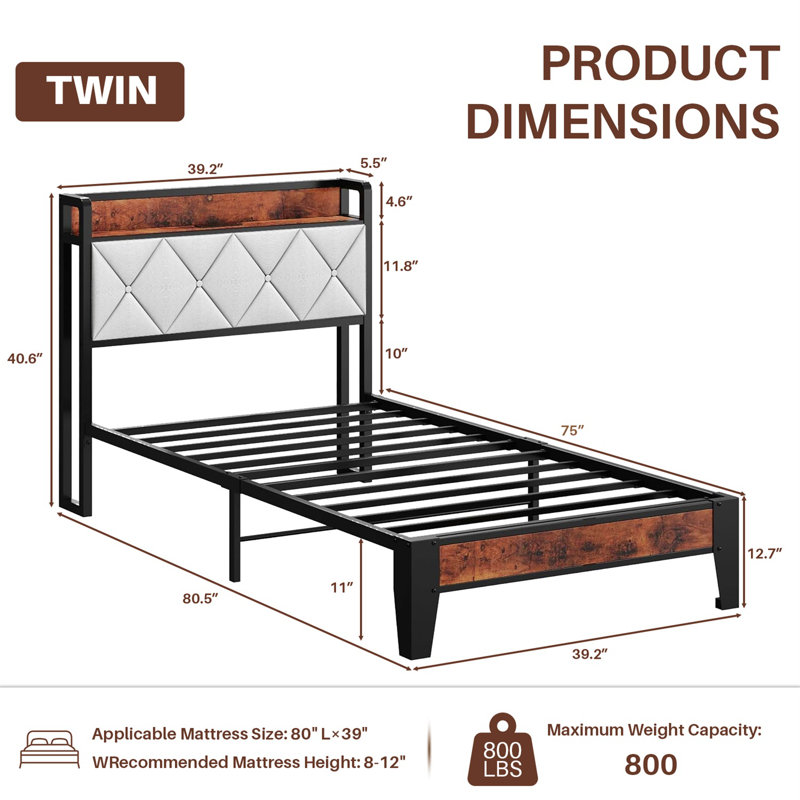 Upholstered Platform Bed with Headboard, Twin