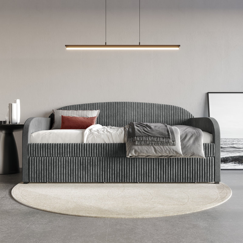 Corduroy Twin Size Daybed with Two Metal Drawers Velvet, Grey