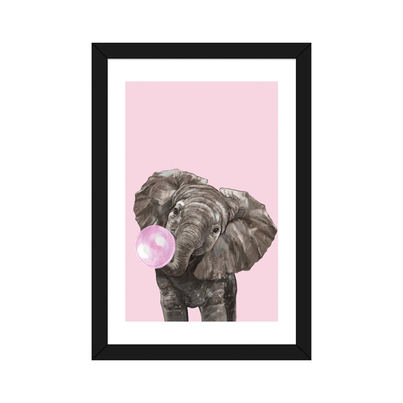 Art d’éléphant de gomme à bulles, H 24 po x l 16 po x P 1 po, Papier avec cadre noir