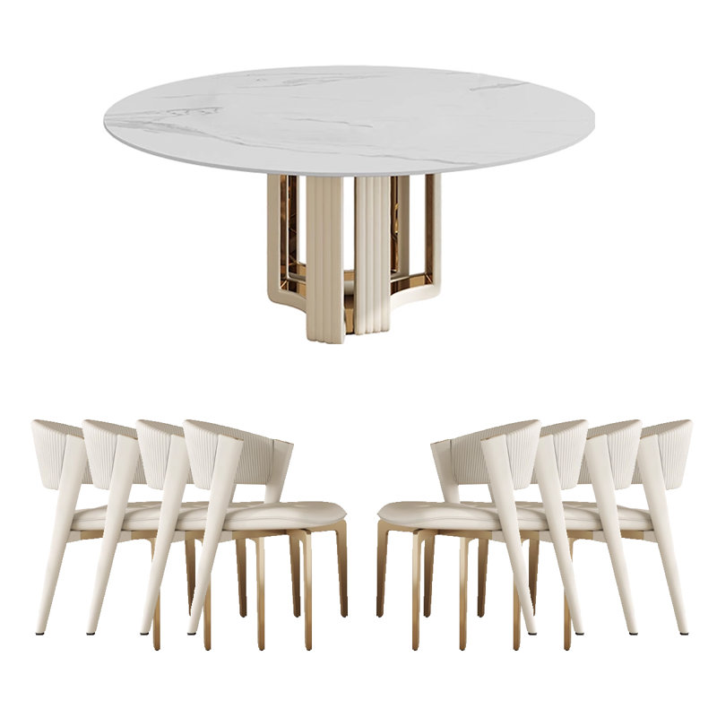Nordic Style Light Luxury Rock Plate Round Table 8 - Person Pedestal Dining Set, 9 Pieces: Table, 8 Chairs