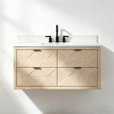 48" Transitional Floating Natural Oak Bath Vanity with Engineered Marble Top