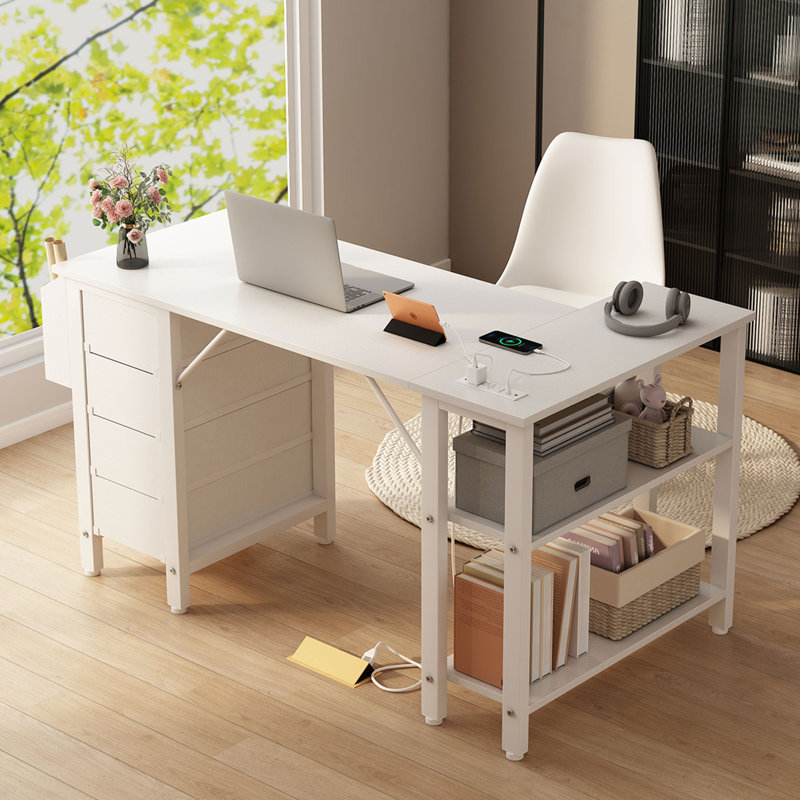 Built-in Outlets L-Shaped Computer Desk with Drawers & Storage Shelves, 29.5" H x 47.2" W x 26.8" D, White