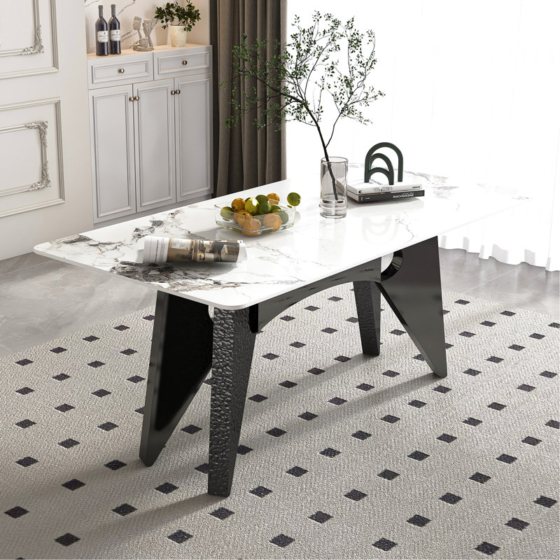 Table de salle à manger de 79 po moderne pour 6-8 personnes, en pierre frittée rectangulaire dorée avec structure en acier inoxydable de luxe pour 6-8 personnes, construction stable, plateau à température élevée