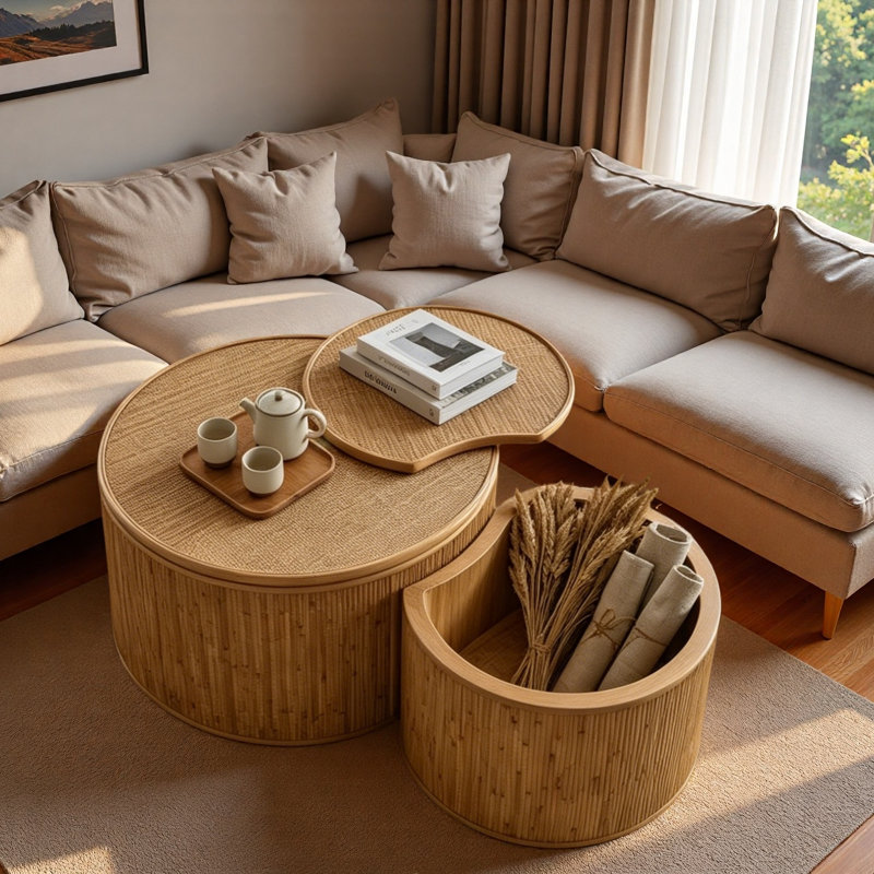 Table basse 43,9 "en rotin rétro incrusté avec fonction de rangement