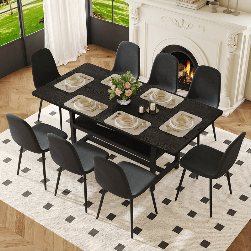 Ensemble de table et de chaises 71 x 35,4 pouces à grain de bois noir épissé avec fonction de rangement au milieu des pieds de la table.