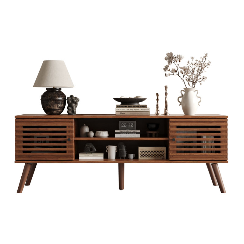 53" Mid Century Modern Tv Stand For 50/55/60 Inch Tv, Tv Media Console With Slatted Doors For Tvs Up To 60", Entertainment Center With Storage For Living Room, Bedroom, Walnut