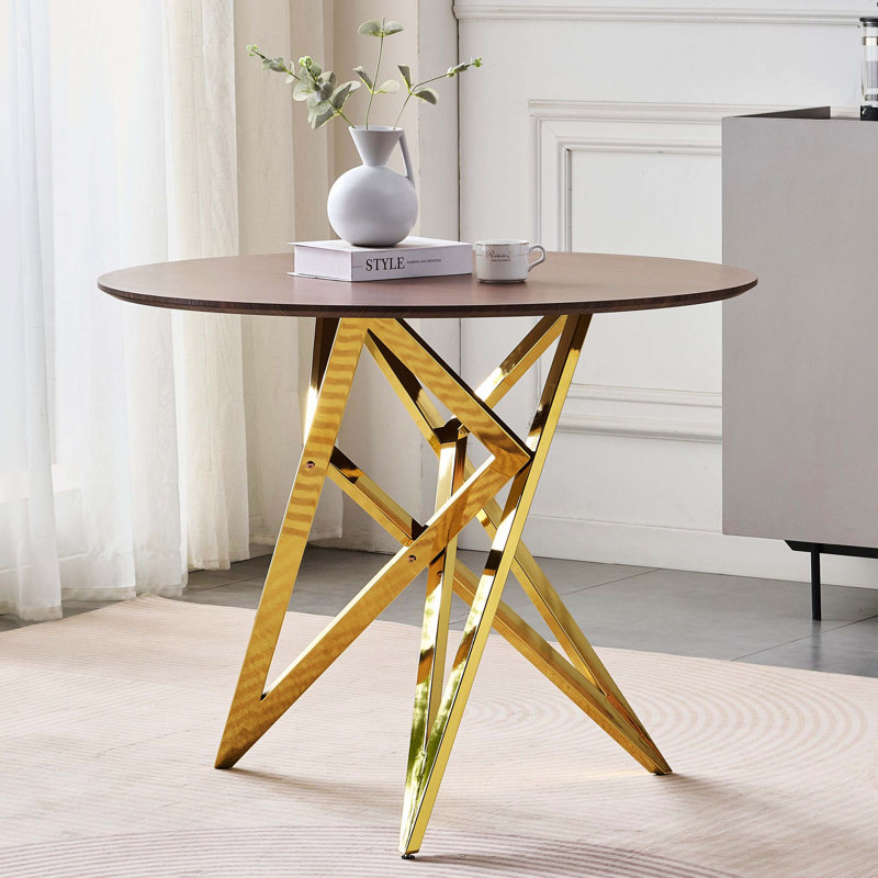 Petite table de salle à manger ronde de 37 pouces de ton noyer, table de cuisine moderne à pieds en métal doré pour 2 à 4 personnes