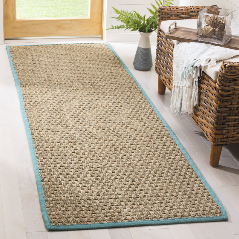 Oxnard Auckland Bamboo Slat/Seagrass Natural/Teal Area Rug, Runner 2'6" x 12'