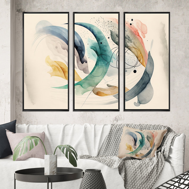 «Deyja Soft Minimalist Abstract», reproduction sur toile 3 pièces, Cadre noir, H 28 po x l 36 po x P 1 po