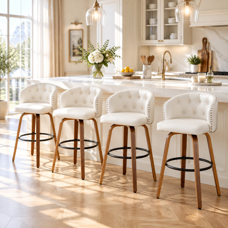 Counter Height Swivel Bar Stools With Water-Resistant Upholstered Seat Wide Backrest And Wooden Legs (Set of 4), White