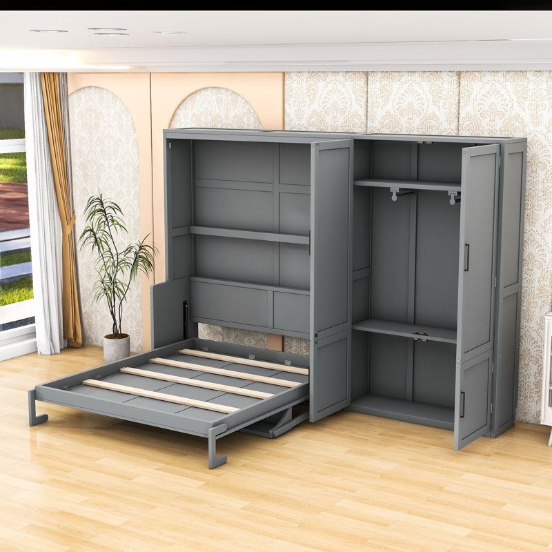 Grand lit escamotable en bois avec tablettes, gris