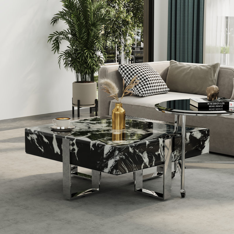 Table basse 31,8 pouces en faux marbre avec base polie, Noir, Argent argent
