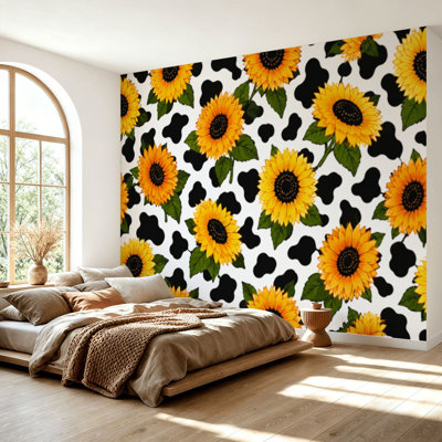 Wall Mural Peel and Stick Wallpaper Black White Cow Print Sunflowers seamless from Country Sunflower Self-Adhesive Removable Contact Paper Wall Decor for Living Room Bedroom 69"H x 96"W