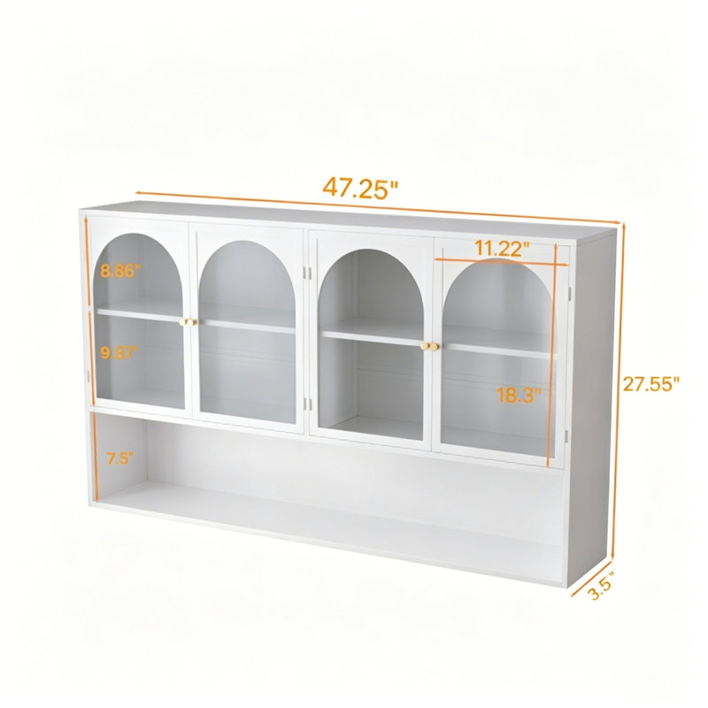Armoire murale en verre à quatre portes avec cadre en fer, White